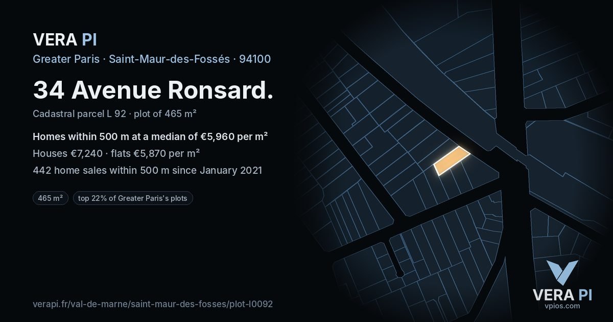 34 Avenue Ronsard, Saint-Maur-des-Fossés at night – the plot lit, the parcels around coloured by the prices near them