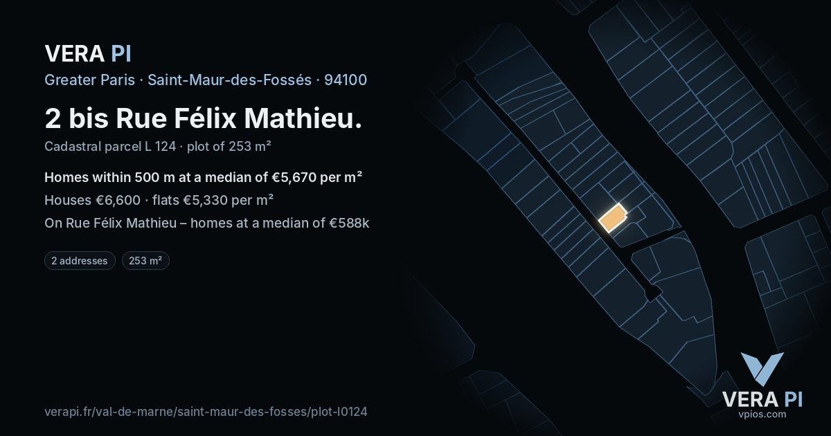 2 bis Rue Félix Mathieu, Saint-Maur-des-Fossés at night – the plot lit, the parcels around coloured by the prices near them