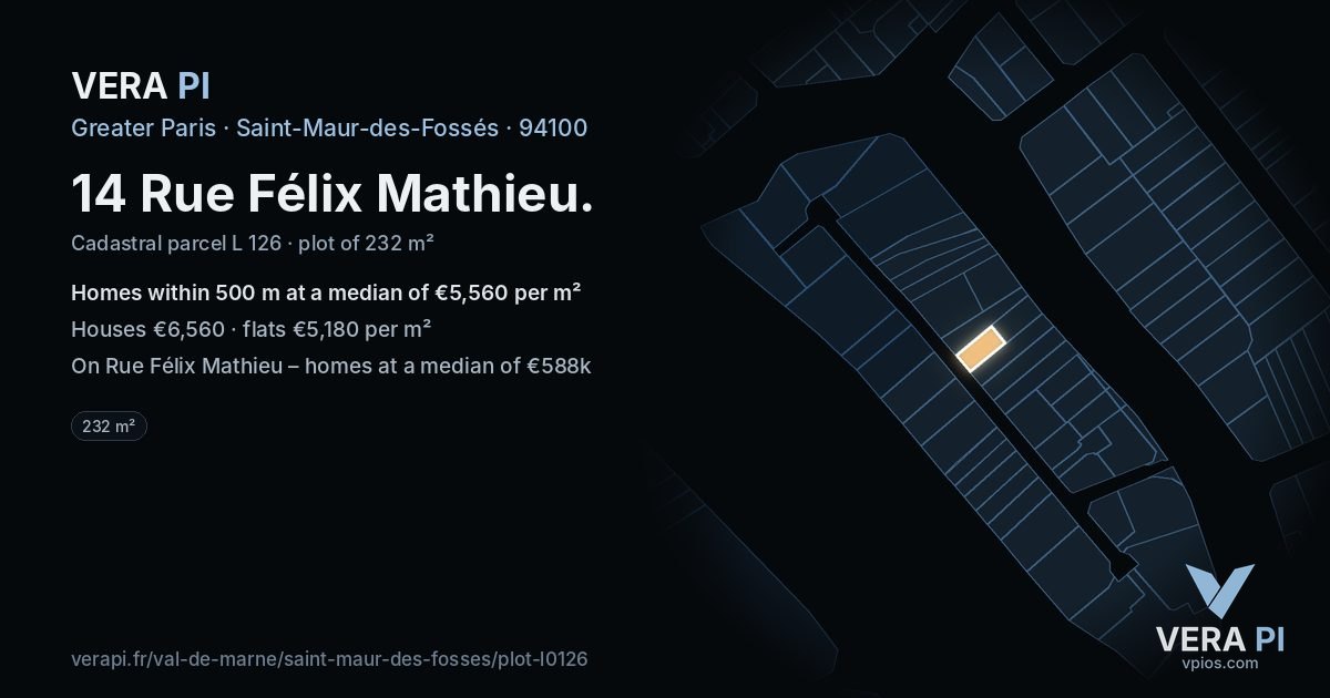 14 Rue Félix Mathieu, Saint-Maur-des-Fossés at night – the plot lit, the parcels around coloured by the prices near them