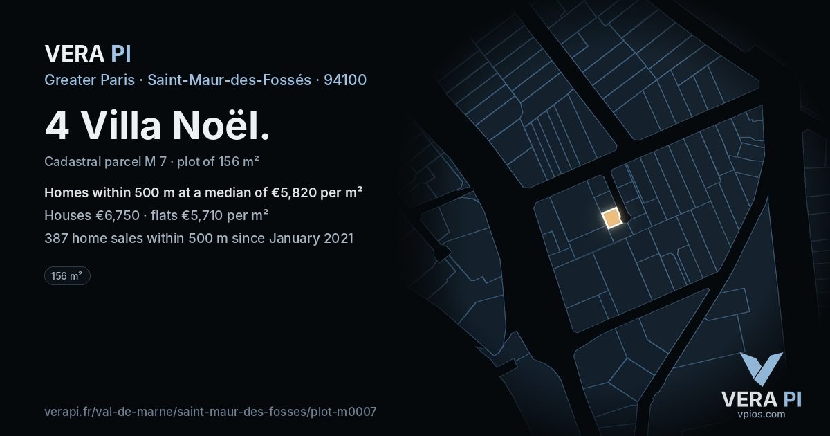 4 Villa Noël, Saint-Maur-des-Fossés at night – the plot lit, the parcels around coloured by the prices near them