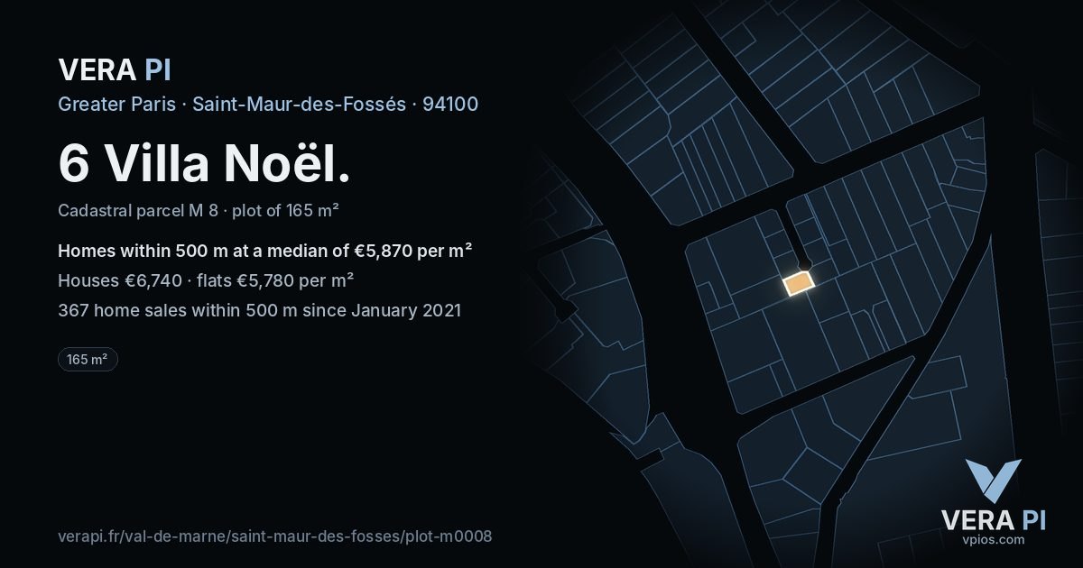 6 Villa Noël, Saint-Maur-des-Fossés at night – the plot lit, the parcels around coloured by the prices near them