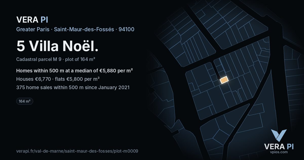 5 Villa Noël, Saint-Maur-des-Fossés at night – the plot lit, the parcels around coloured by the prices near them