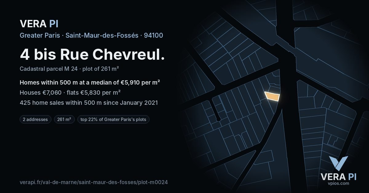 4 bis Rue Chevreul, Saint-Maur-des-Fossés at night – the plot lit, the parcels around coloured by the prices near them