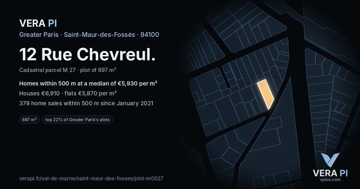 12 Rue Chevreul, Saint-Maur-des-Fossés at night – the plot lit, the parcels around coloured by the prices near them