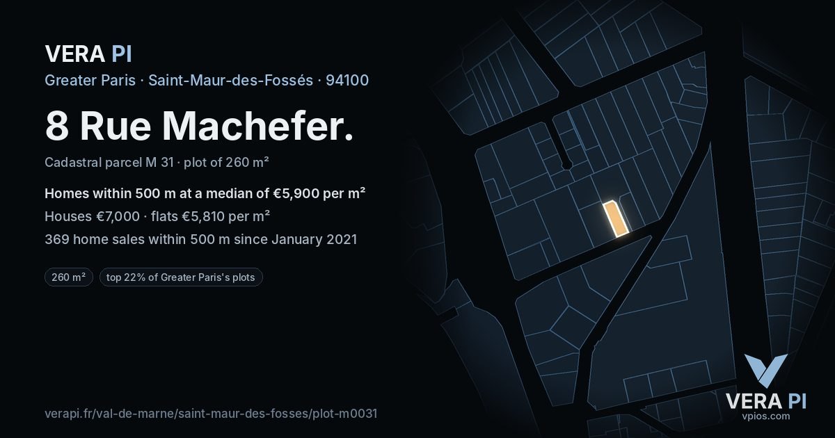 8 Rue Machefer, Saint-Maur-des-Fossés at night – the plot lit, the parcels around coloured by the prices near them
