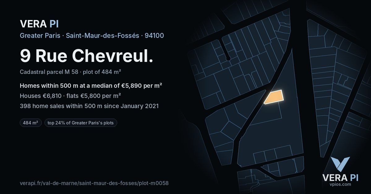 9 Rue Chevreul, Saint-Maur-des-Fossés at night – the plot lit, the parcels around coloured by the prices near them