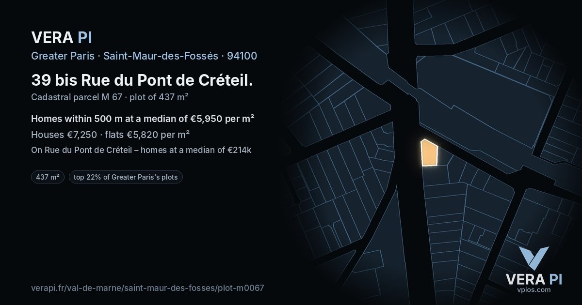 39 bis Rue du Pont de Créteil, Saint-Maur-des-Fossés at night – the plot lit, the parcels around coloured by the prices near them