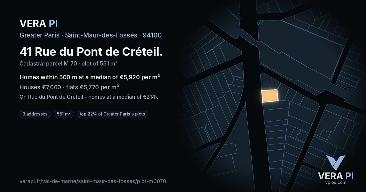 41 Rue du Pont de Créteil, Saint-Maur-des-Fossés at night – the plot lit, the parcels around coloured by the prices near them