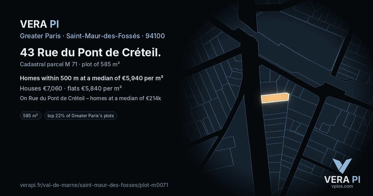 43 Rue du Pont de Créteil, Saint-Maur-des-Fossés at night – the plot lit, the parcels around coloured by the prices near them