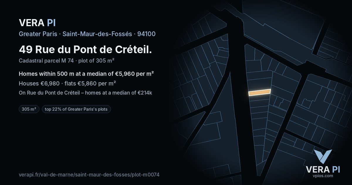 49 Rue du Pont de Créteil, Saint-Maur-des-Fossés at night – the plot lit, the parcels around coloured by the prices near them