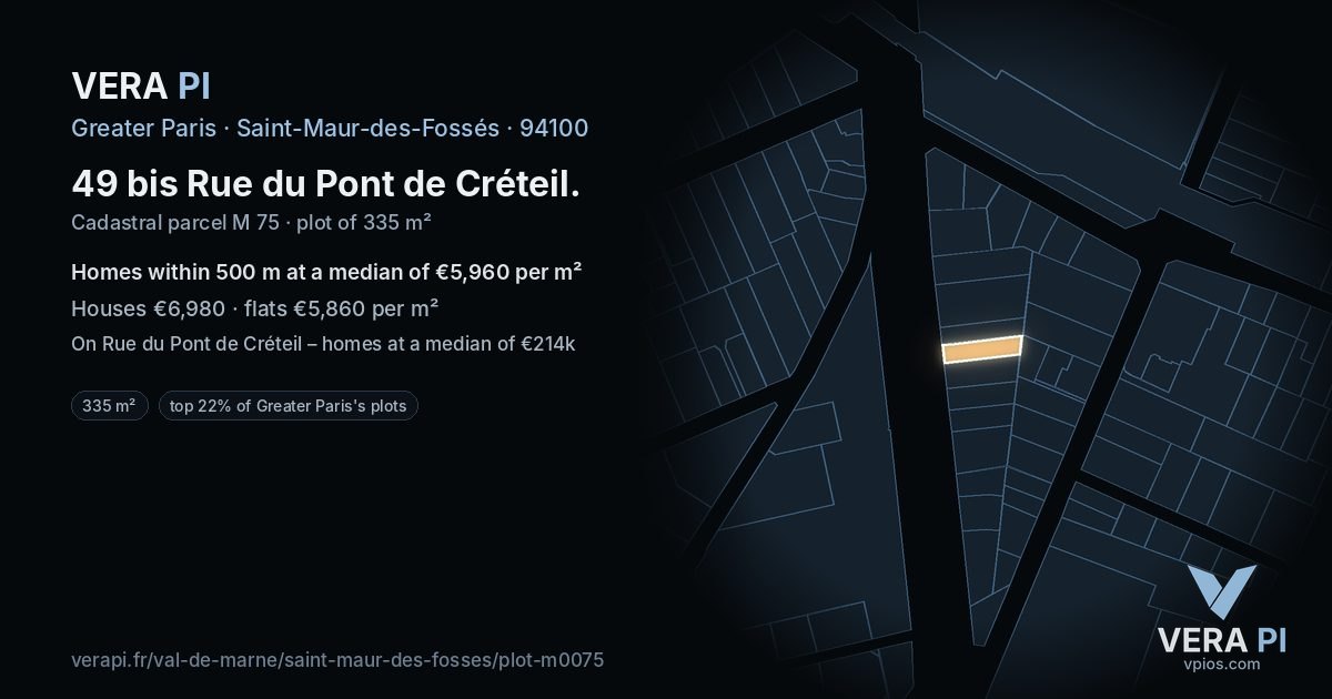 49 bis Rue du Pont de Créteil, Saint-Maur-des-Fossés at night – the plot lit, the parcels around coloured by the prices near them