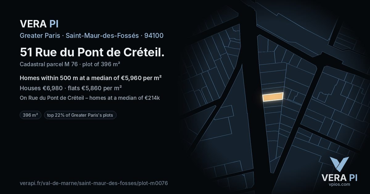 51 Rue du Pont de Créteil, Saint-Maur-des-Fossés at night – the plot lit, the parcels around coloured by the prices near them