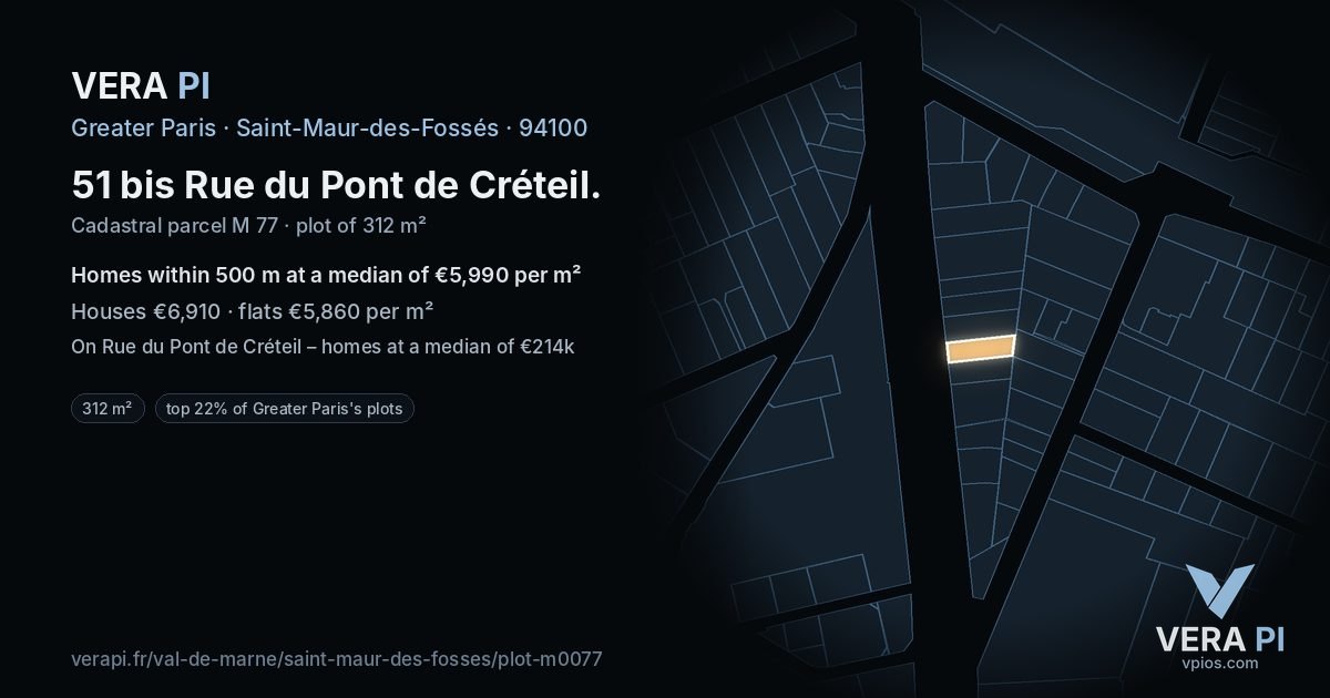 51 bis Rue du Pont de Créteil, Saint-Maur-des-Fossés at night – the plot lit, the parcels around coloured by the prices near them