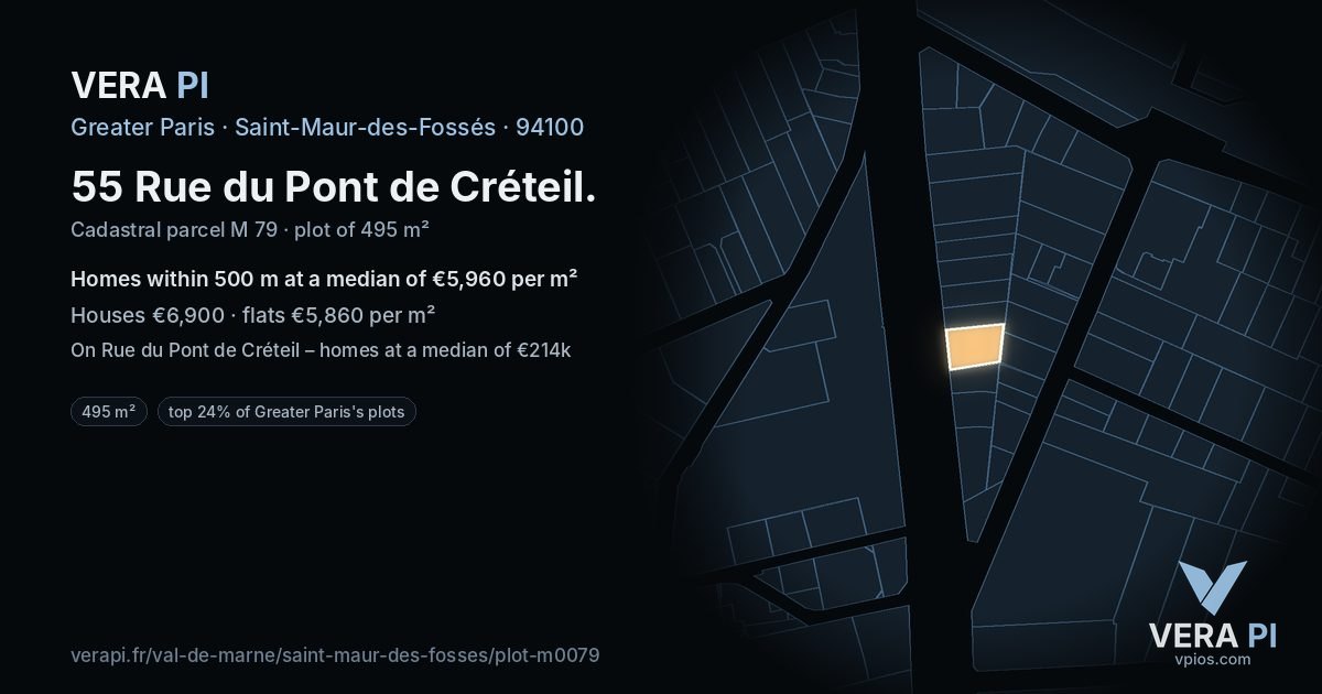 55 Rue du Pont de Créteil, Saint-Maur-des-Fossés at night – the plot lit, the parcels around coloured by the prices near them