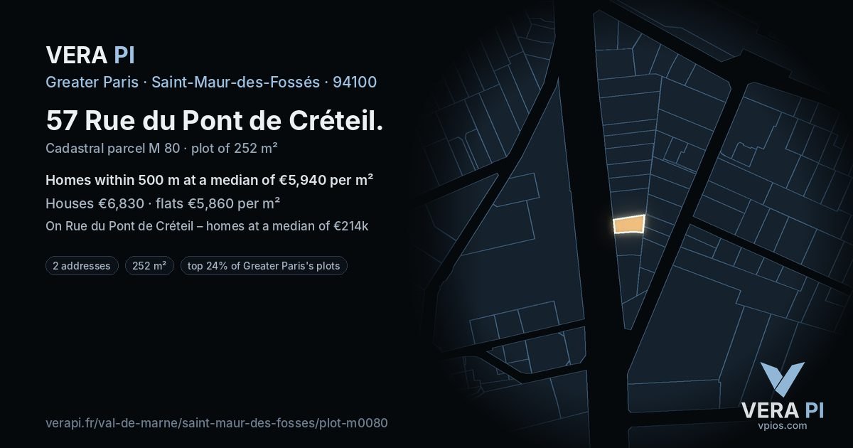 57 Rue du Pont de Créteil, Saint-Maur-des-Fossés at night – the plot lit, the parcels around coloured by the prices near them