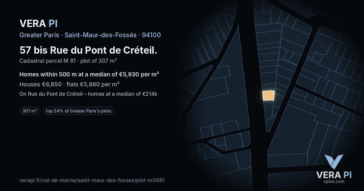57 bis Rue du Pont de Créteil, Saint-Maur-des-Fossés at night – the plot lit, the parcels around coloured by the prices near them
