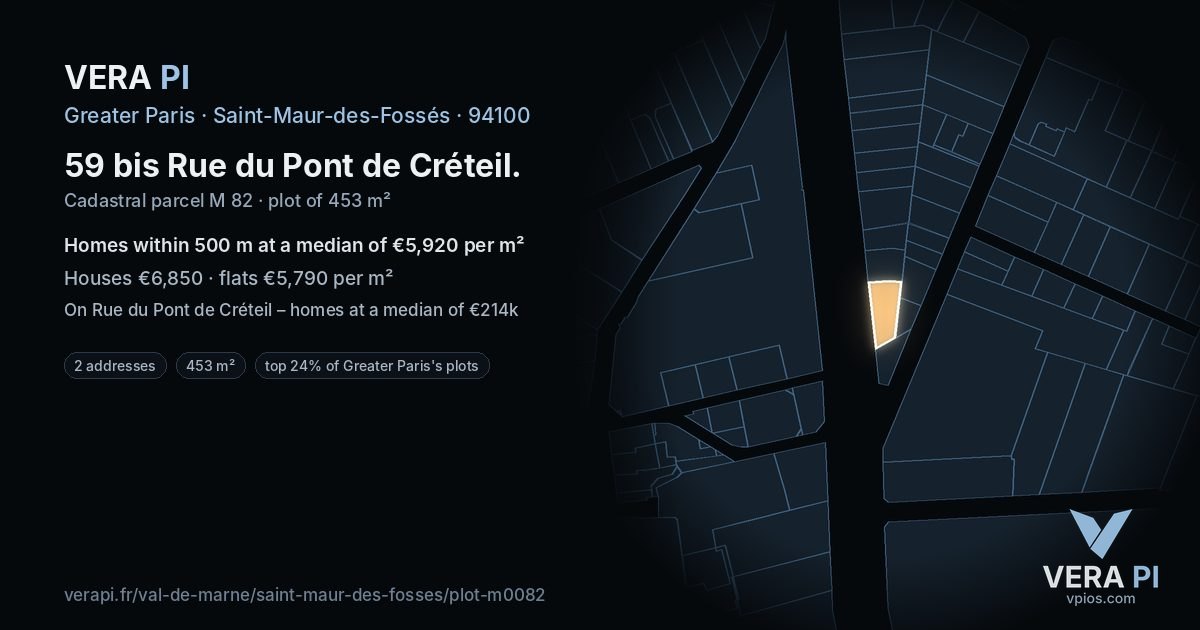59 bis Rue du Pont de Créteil, Saint-Maur-des-Fossés at night – the plot lit, the parcels around coloured by the prices near them