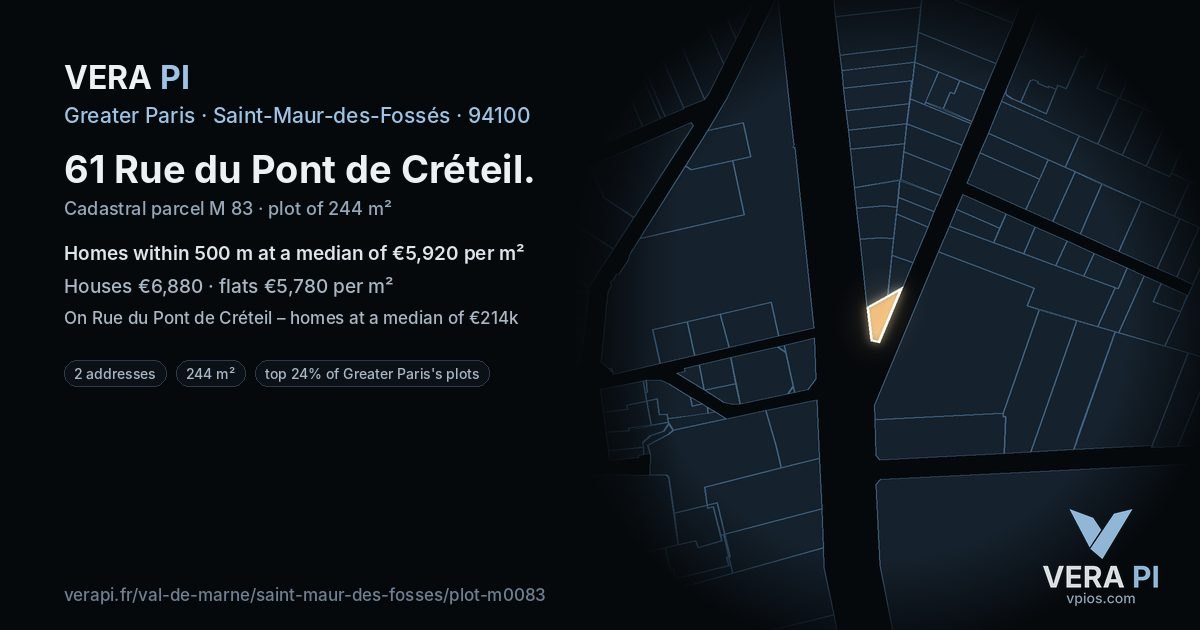 61 Rue du Pont de Créteil, Saint-Maur-des-Fossés at night – the plot lit, the parcels around coloured by the prices near them