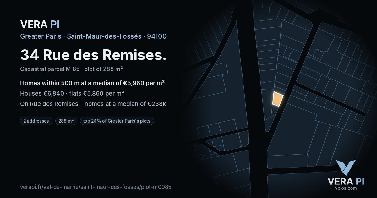 34 Rue des Remises, Saint-Maur-des-Fossés at night – the plot lit, the parcels around coloured by the prices near them