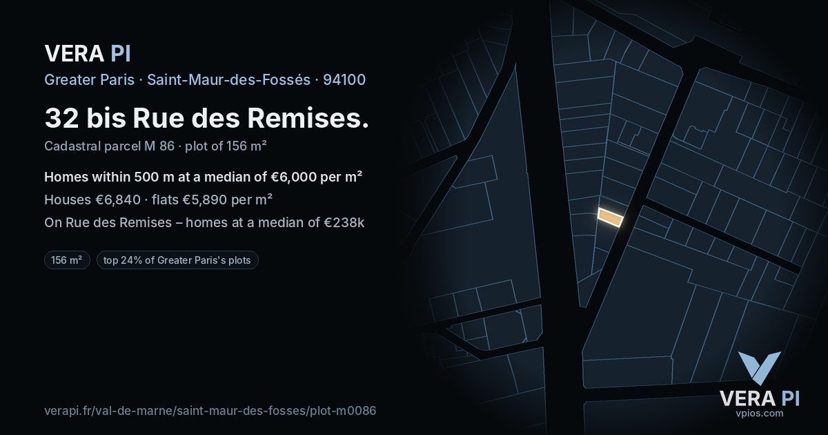 32 bis Rue des Remises, Saint-Maur-des-Fossés at night – the plot lit, the parcels around coloured by the prices near them