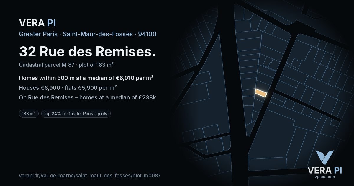 32 Rue des Remises, Saint-Maur-des-Fossés at night – the plot lit, the parcels around coloured by the prices near them