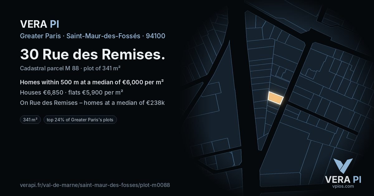 30 Rue des Remises, Saint-Maur-des-Fossés at night – the plot lit, the parcels around coloured by the prices near them