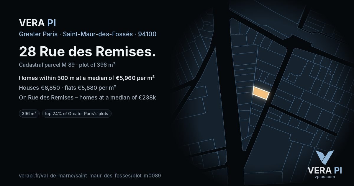28 Rue des Remises, Saint-Maur-des-Fossés at night – the plot lit, the parcels around coloured by the prices near them