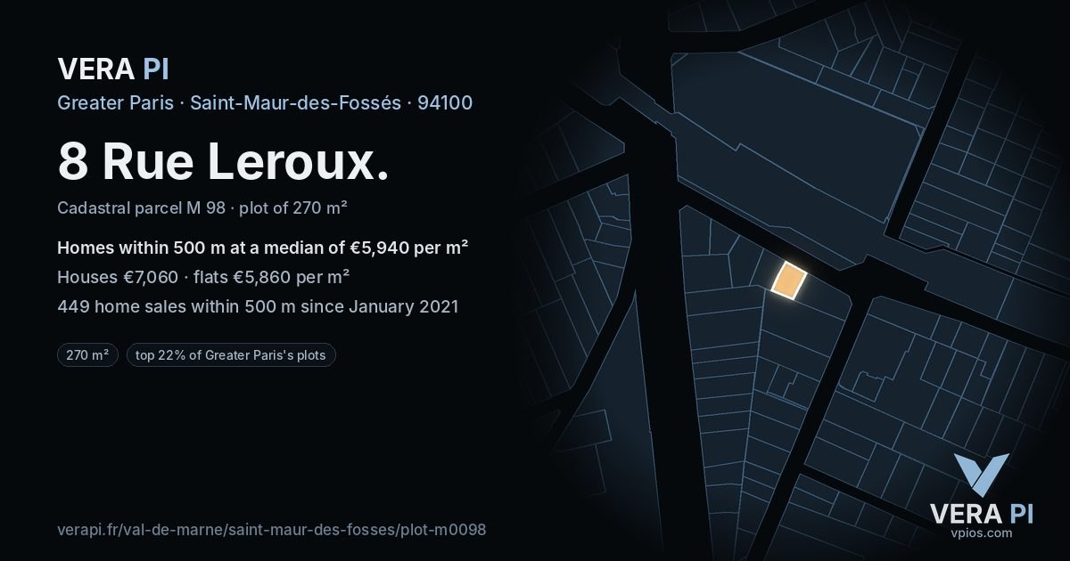 8 Rue Leroux, Saint-Maur-des-Fossés at night – the plot lit, the parcels around coloured by the prices near them