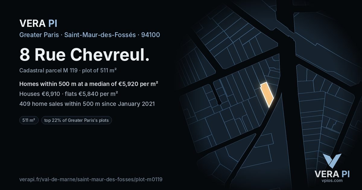 8 Rue Chevreul, Saint-Maur-des-Fossés at night – the plot lit, the parcels around coloured by the prices near them