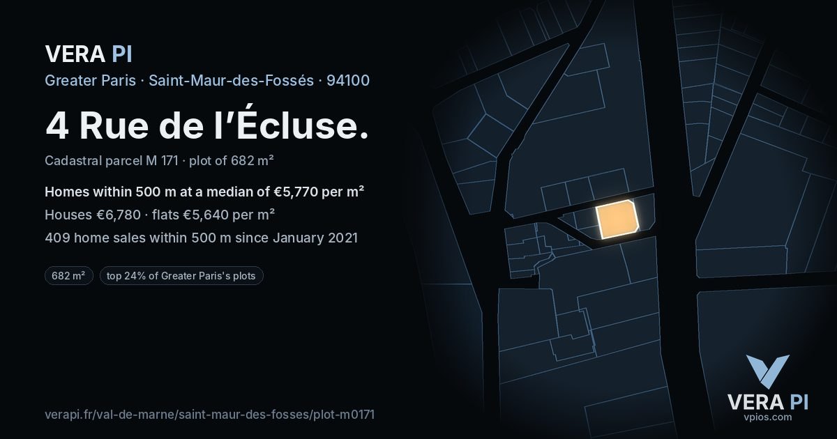 4 Rue de l’Écluse, Saint-Maur-des-Fossés at night – the plot lit, the parcels around coloured by the prices near them