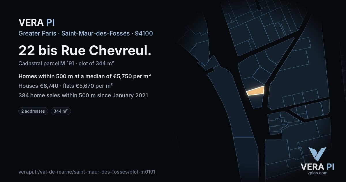 22 bis Rue Chevreul, Saint-Maur-des-Fossés at night – the plot lit, the parcels around coloured by the prices near them