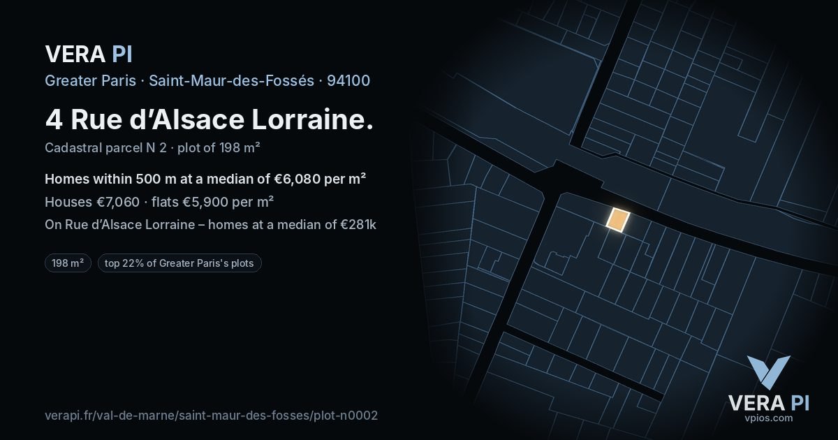 4 Rue d’Alsace Lorraine, Saint-Maur-des-Fossés at night – the plot lit, the parcels around coloured by the prices near them