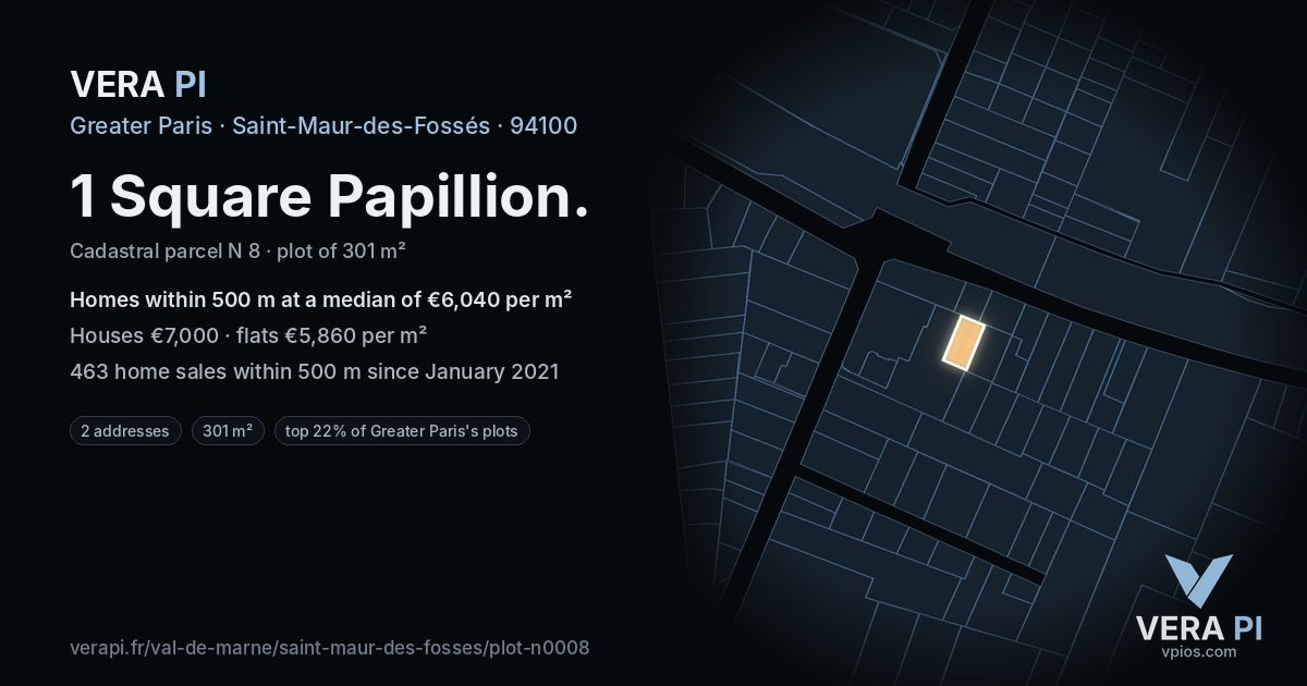 1 Square Papillion, Saint-Maur-des-Fossés at night – the plot lit, the parcels around coloured by the prices near them