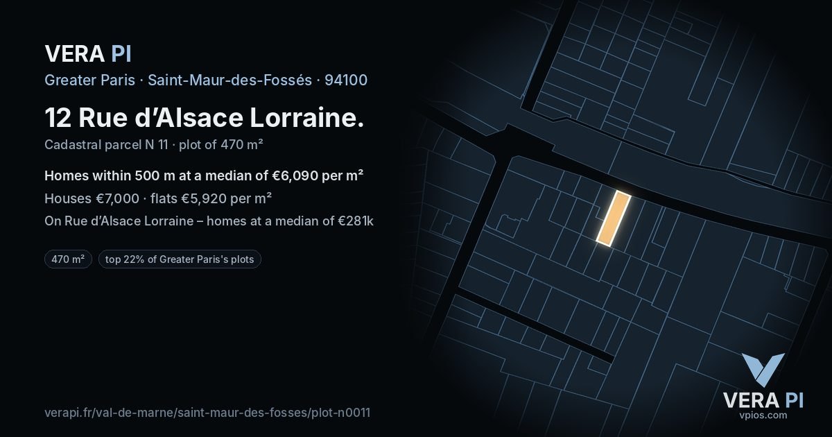 12 Rue d’Alsace Lorraine, Saint-Maur-des-Fossés at night – the plot lit, the parcels around coloured by the prices near them