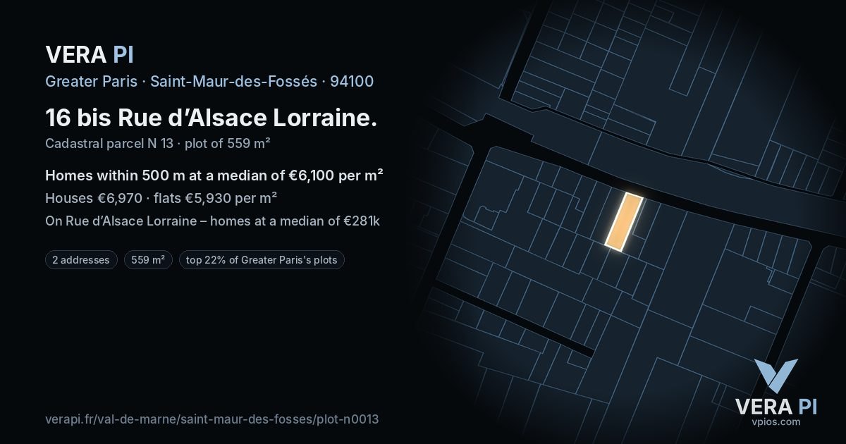 16 bis Rue d’Alsace Lorraine, Saint-Maur-des-Fossés at night – the plot lit, the parcels around coloured by the prices near them