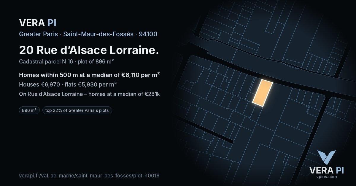 20 Rue d’Alsace Lorraine, Saint-Maur-des-Fossés at night – the plot lit, the parcels around coloured by the prices near them