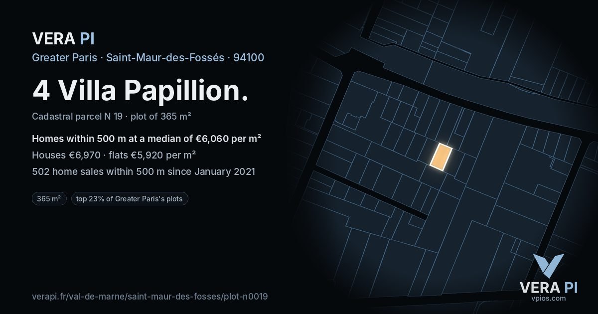 4 Villa Papillion, Saint-Maur-des-Fossés at night – the plot lit, the parcels around coloured by the prices near them