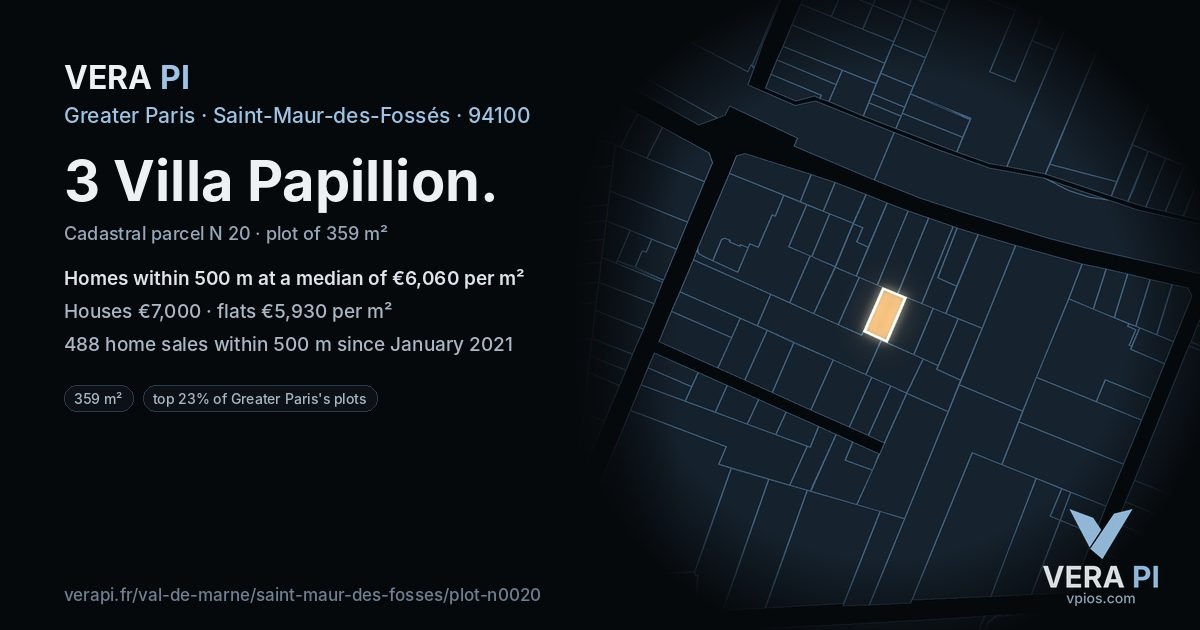 3 Villa Papillion, Saint-Maur-des-Fossés at night – the plot lit, the parcels around coloured by the prices near them