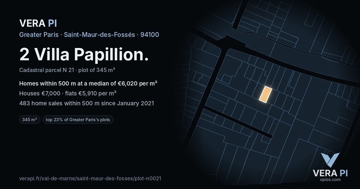 2 Villa Papillion, Saint-Maur-des-Fossés at night – the plot lit, the parcels around coloured by the prices near them