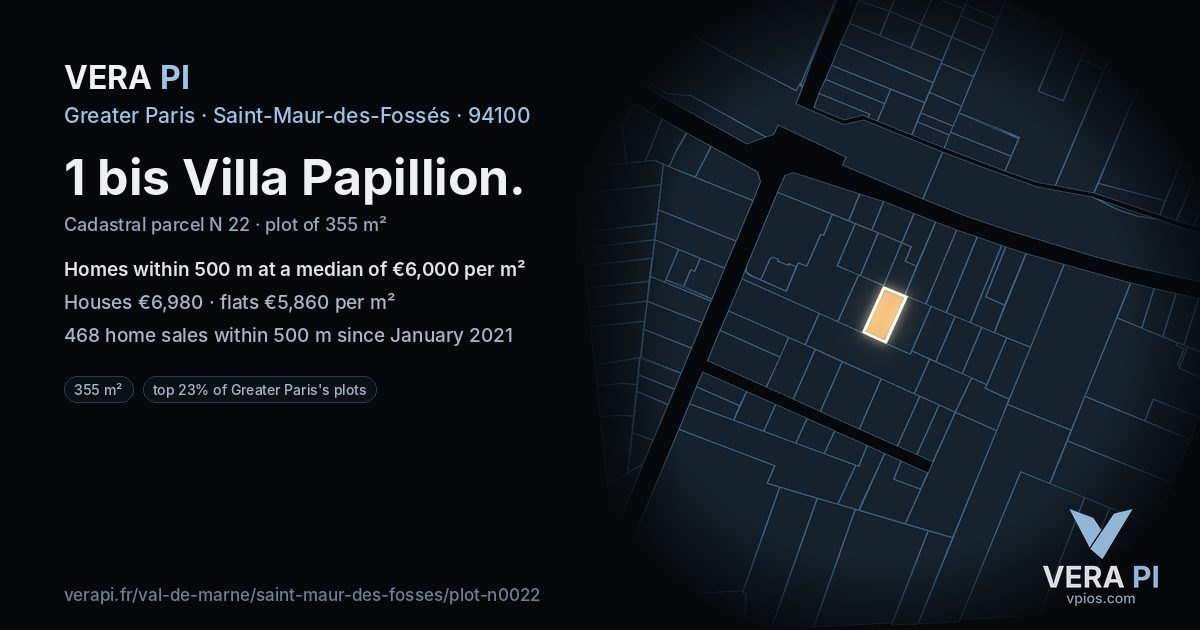 1 bis Villa Papillion, Saint-Maur-des-Fossés at night – the plot lit, the parcels around coloured by the prices near them
