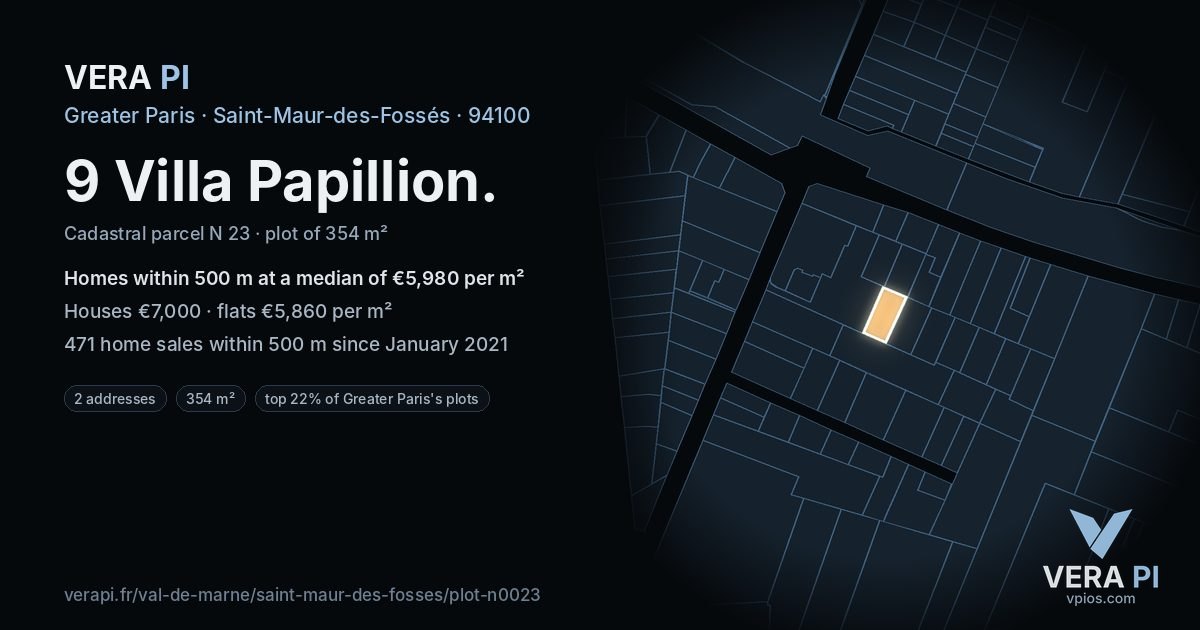 9 Villa Papillion, Saint-Maur-des-Fossés at night – the plot lit, the parcels around coloured by the prices near them