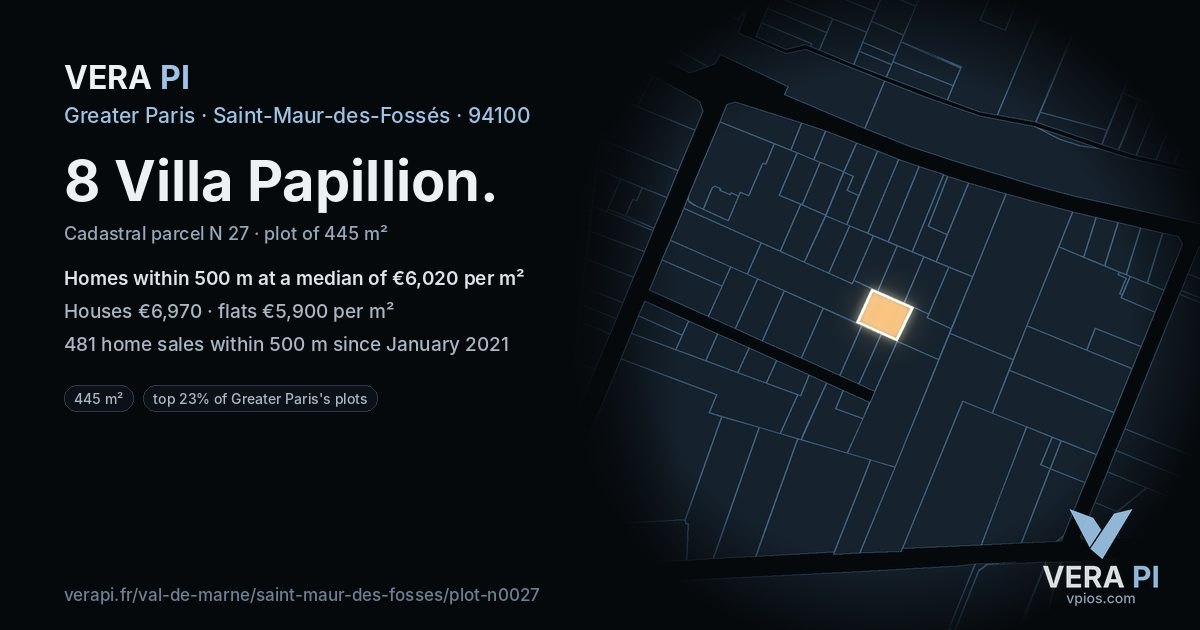 8 Villa Papillion, Saint-Maur-des-Fossés at night – the plot lit, the parcels around coloured by the prices near them