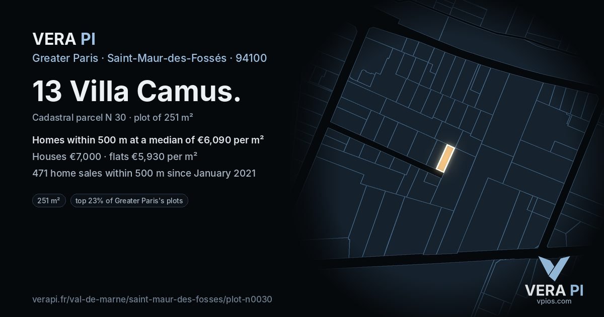 13 Villa Camus, Saint-Maur-des-Fossés at night – the plot lit, the parcels around coloured by the prices near them