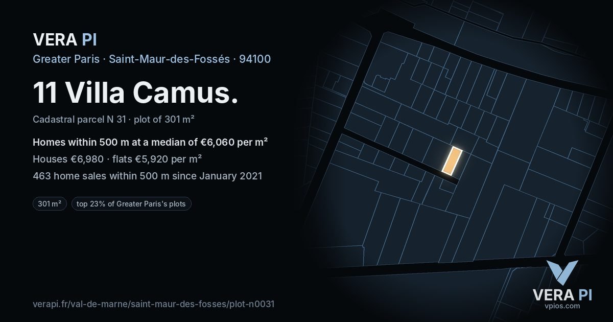 11 Villa Camus, Saint-Maur-des-Fossés at night – the plot lit, the parcels around coloured by the prices near them