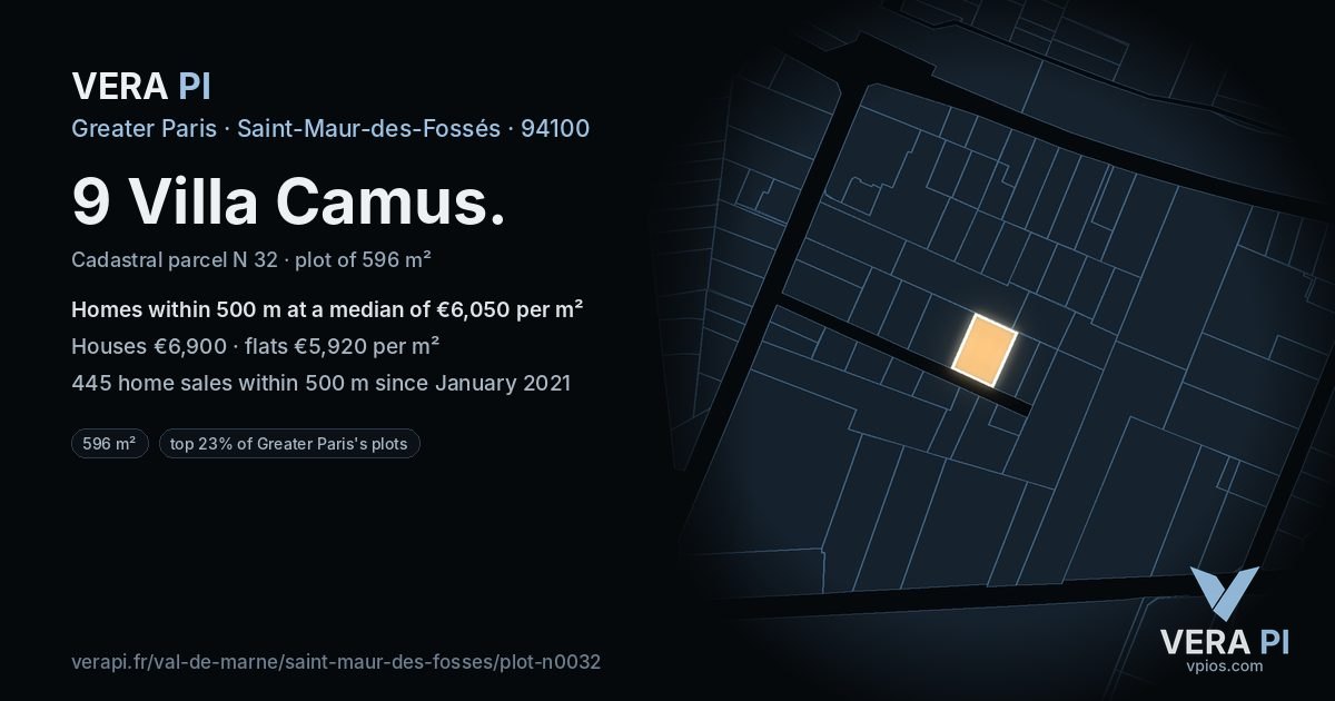 9 Villa Camus, Saint-Maur-des-Fossés at night – the plot lit, the parcels around coloured by the prices near them