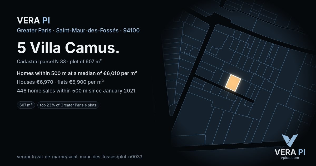 5 Villa Camus, Saint-Maur-des-Fossés at night – the plot lit, the parcels around coloured by the prices near them