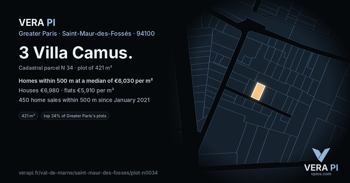 3 Villa Camus, Saint-Maur-des-Fossés at night – the plot lit, the parcels around coloured by the prices near them