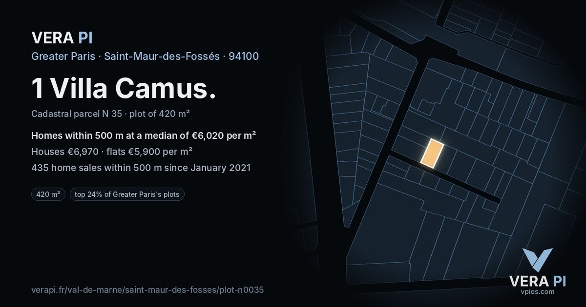 1 Villa Camus, Saint-Maur-des-Fossés at night – the plot lit, the parcels around coloured by the prices near them
