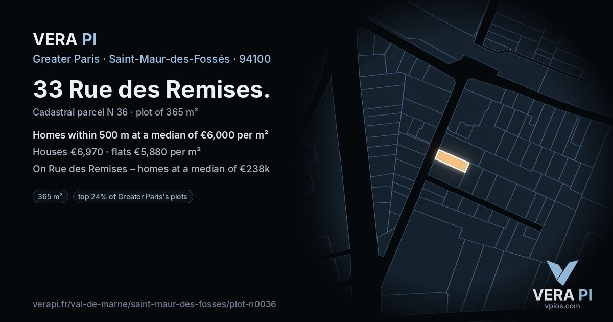 33 Rue des Remises, Saint-Maur-des-Fossés at night – the plot lit, the parcels around coloured by the prices near them
