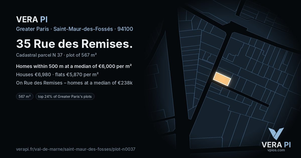 35 Rue des Remises, Saint-Maur-des-Fossés at night – the plot lit, the parcels around coloured by the prices near them